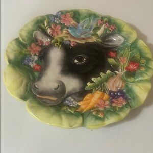 Fitz and Floyd Country Chic Handcrafted Detailed Plate with cow bird & flowers